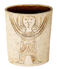 Roger Capron Straight Sided Oval Ceramic Vase with Incised Cubist Figure