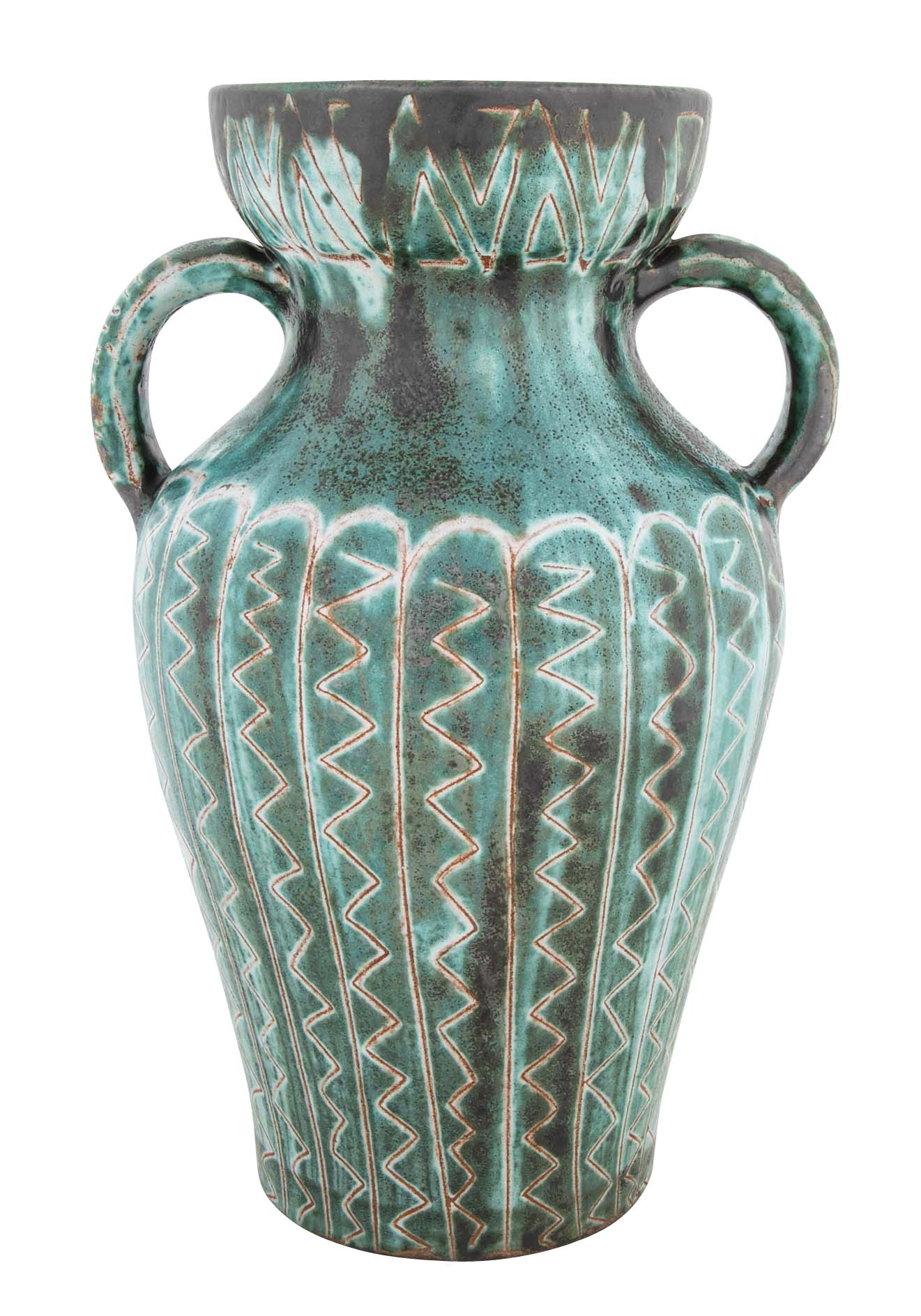 Earthenware Long Neck Teal Glazed Vase by French Ceramist Robert Picault