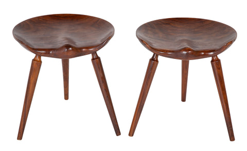 Pair of Deeply Shaped 3 Legged Stools in Exotic Wood