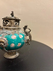 Chinese Qing Glazed Ceramic with Metal Mounts, Monkey, Frogs, Phoenix, Dragons