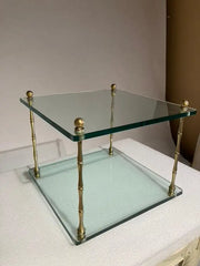 PairItalian Mid Century Modern Faux Bamboo Glass and Brass Side Tables