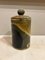 Italian Agate Hard Stone Round Box with Lid and Brass Mounts