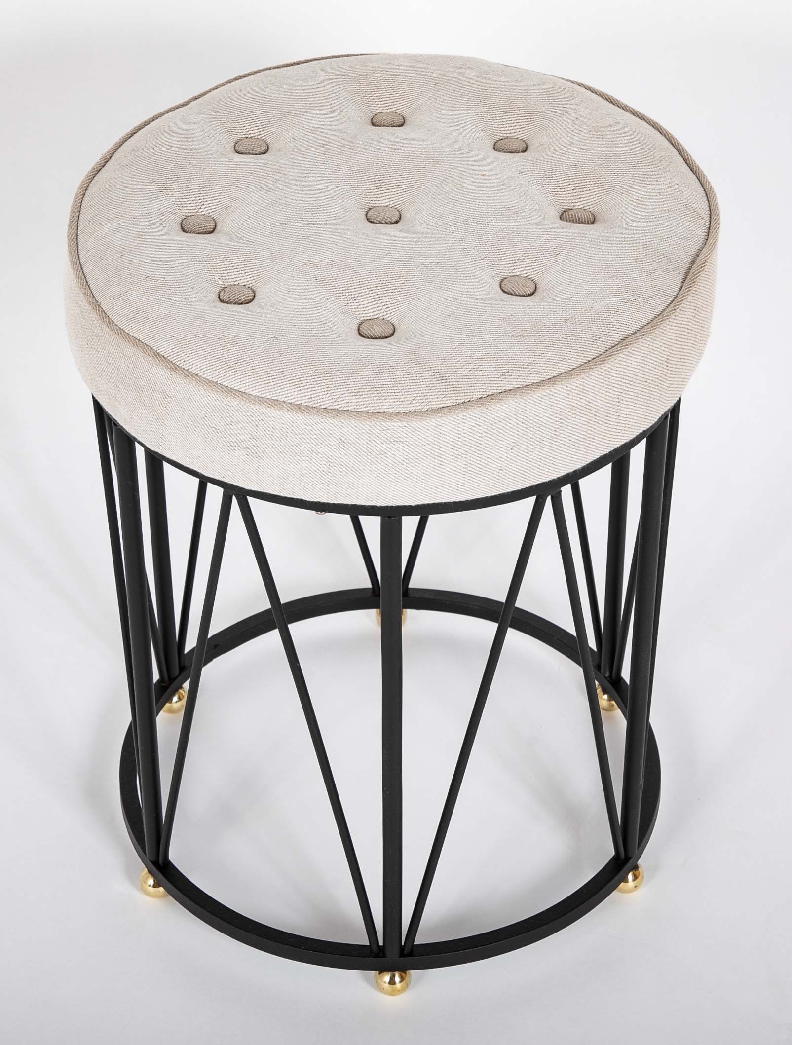 French Art Deco Style Stool with Upholstered Seat