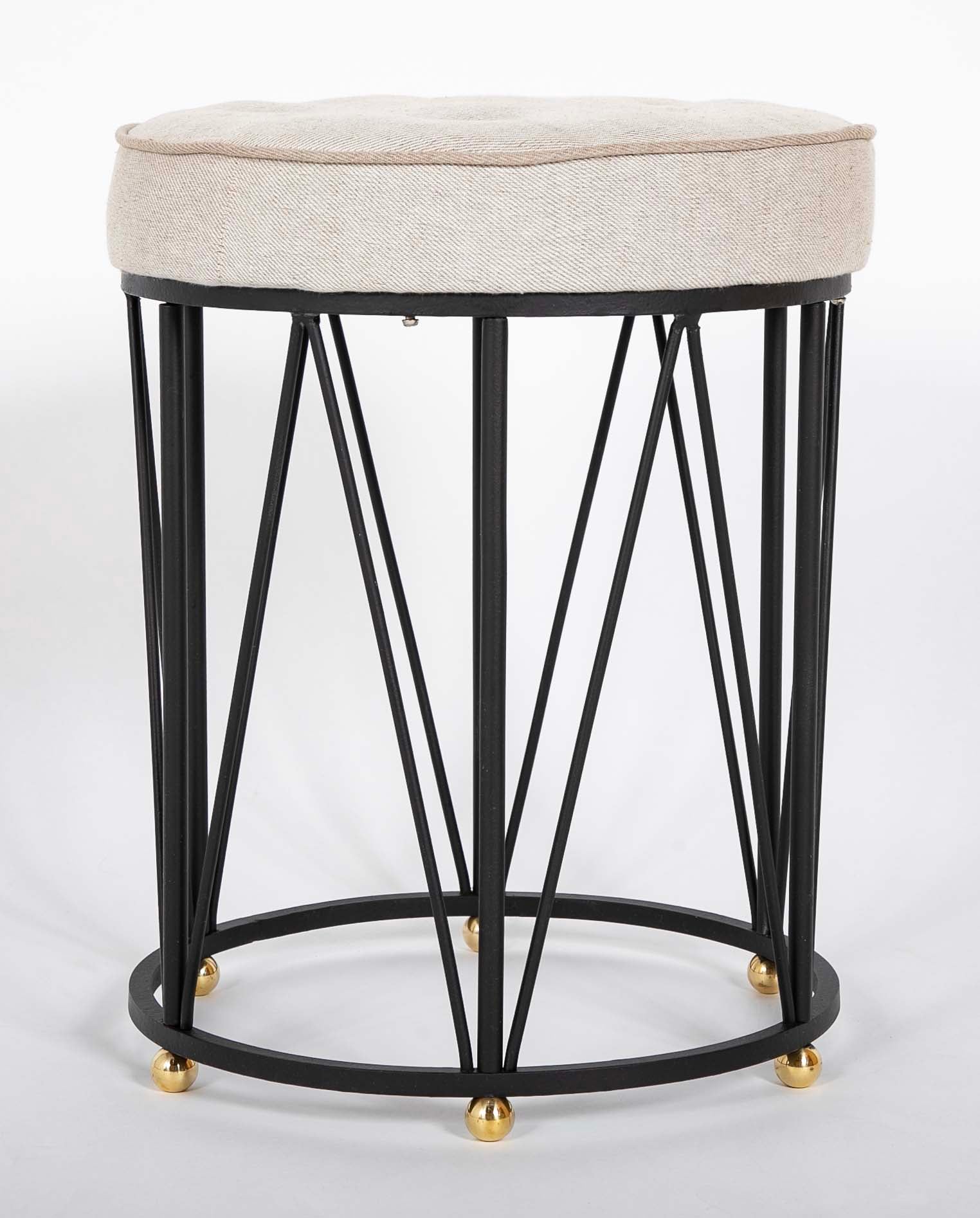 French Art Deco Style Stool with Upholstered Seat