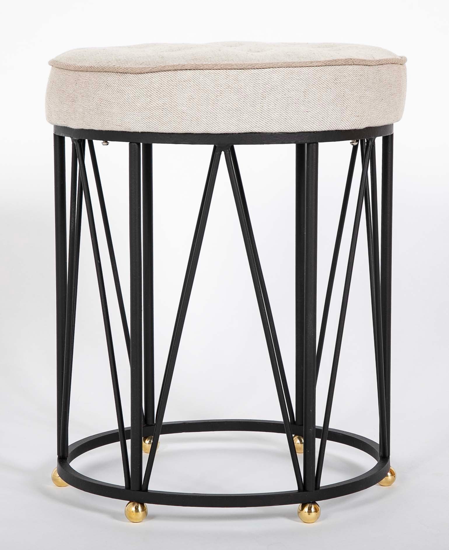 French Art Deco Style Stool with Upholstered Seat