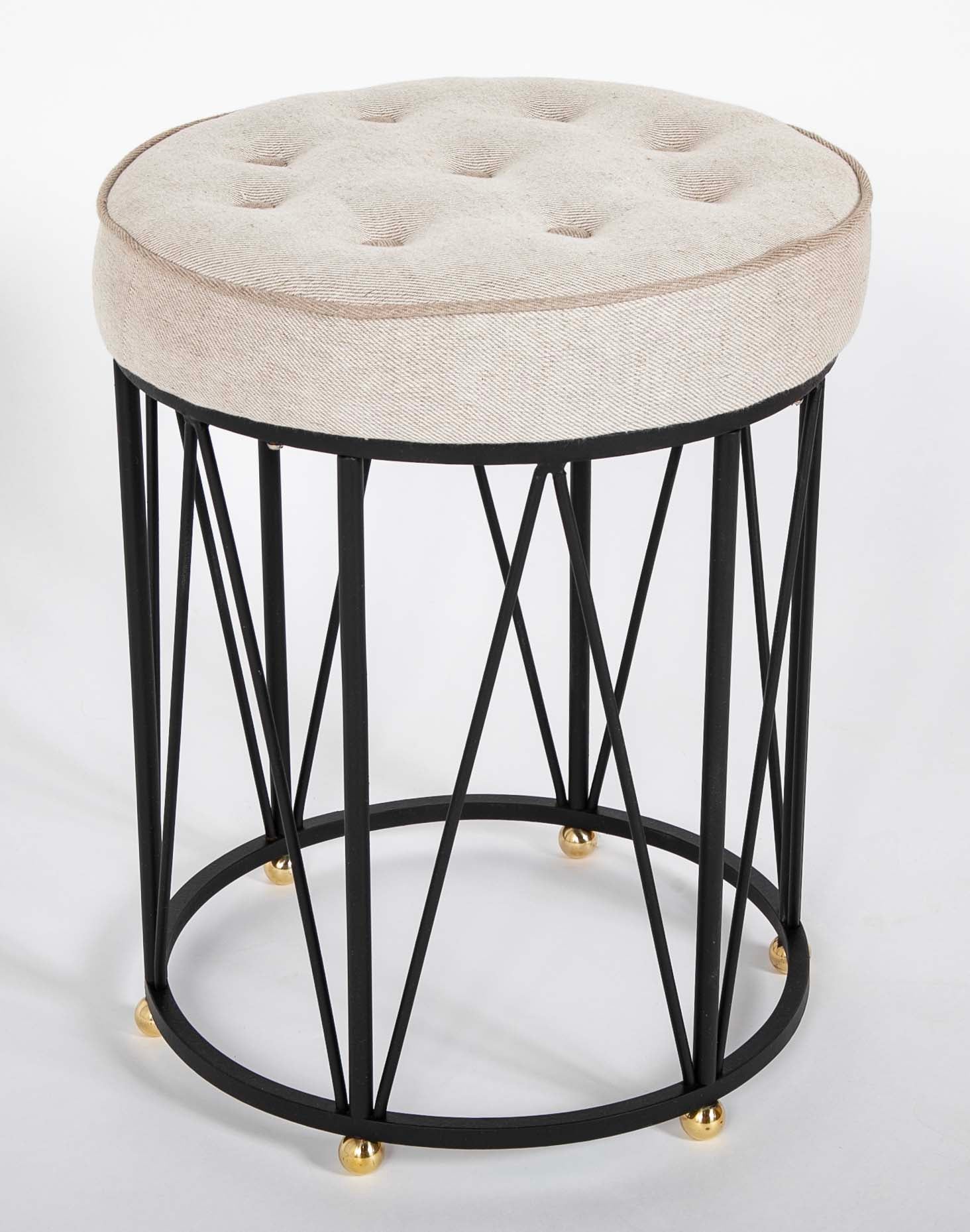 French Art Deco Style Stool with Upholstered Seat
