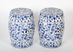 Pair of Chinese Blue & White Garden Seats with Pierced  Coin Motif