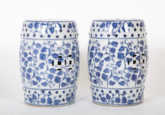 Pair of Chinese Blue & White Garden Seats with Pierced  Coin Motif