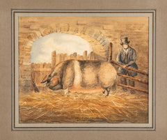 A 19th Century English Watercolor of Prize Hog with Proud Gentleman