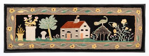 American Hooked Rug with House, Tree, Gazebo with Peacock on Roof and Various Floral Elements