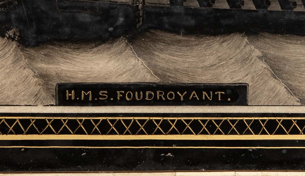 Pair of 19th Century British Eglomise Portraits of 2 Royal Navy Ships : HMS Foudroyant & HMS Royal Albert