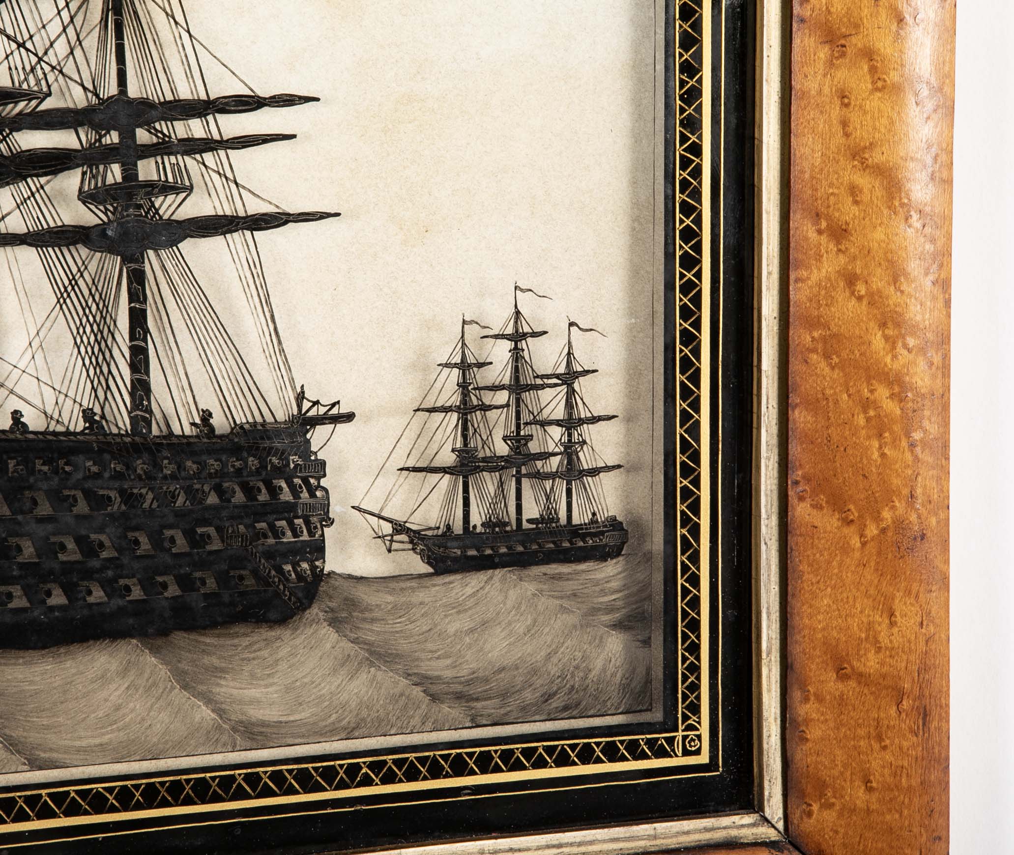 Pair of 19th Century British Eglomise Portraits of 2 Royal Navy Ships : HMS Foudroyant & HMS Royal Albert