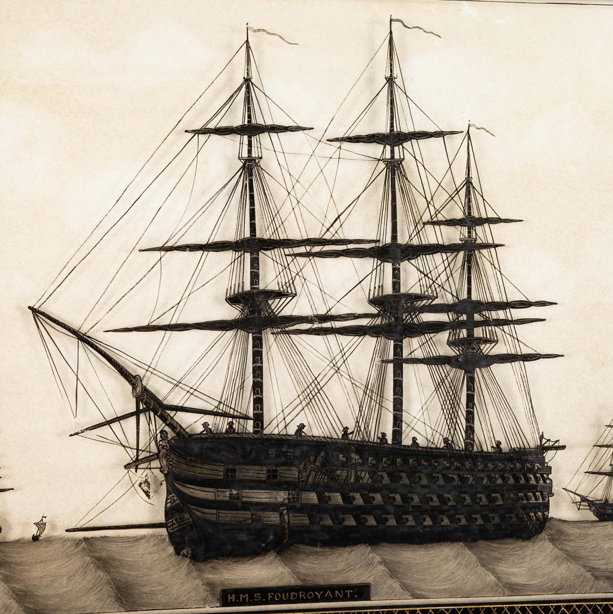 Pair of 19th Century British Eglomise Portraits of 2 Royal Navy Ships : HMS Foudroyant & HMS Royal Albert