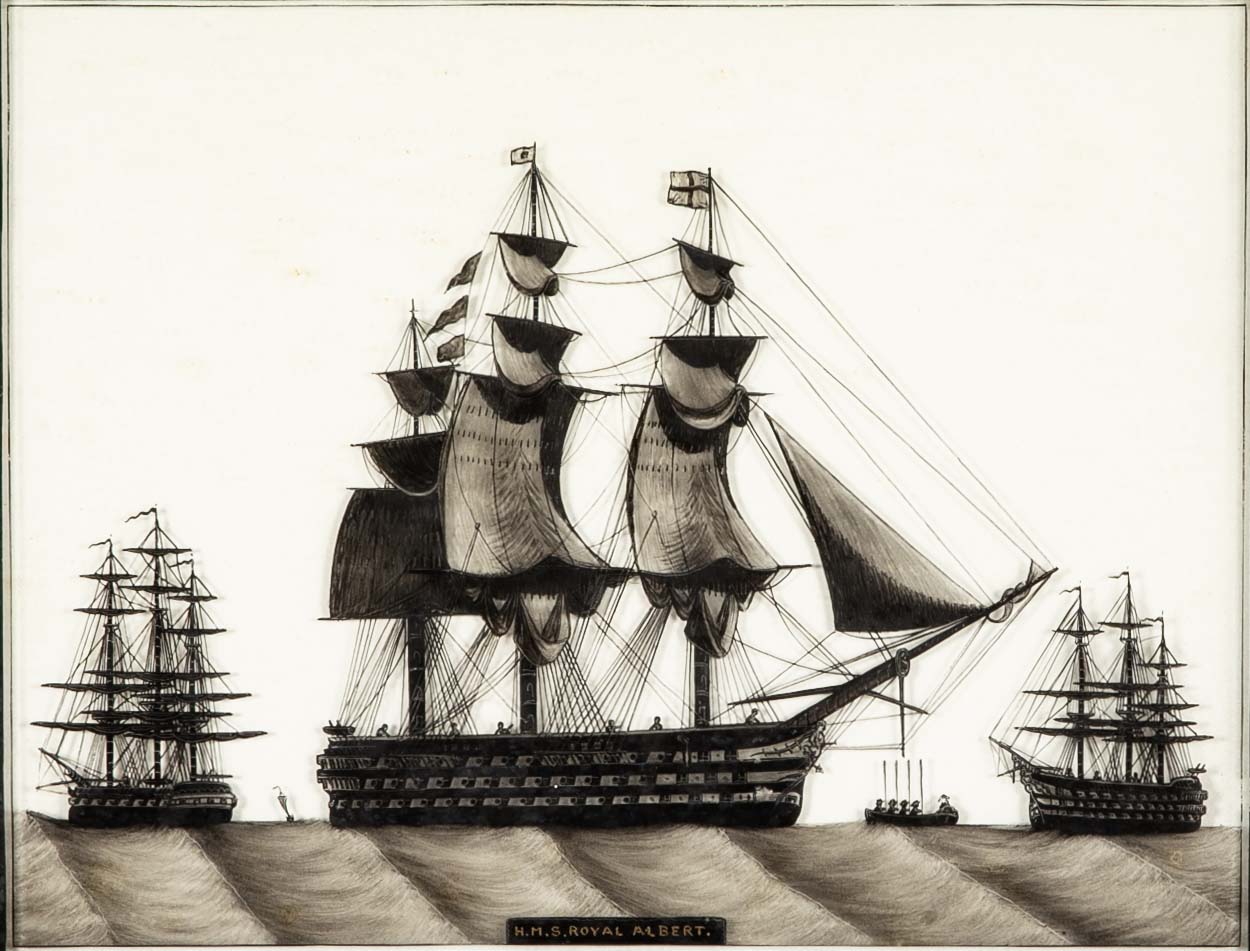 Pair of 19th Century British Eglomise Portraits of 2 Royal Navy Ships : HMS Foudroyant & HMS Royal Albert