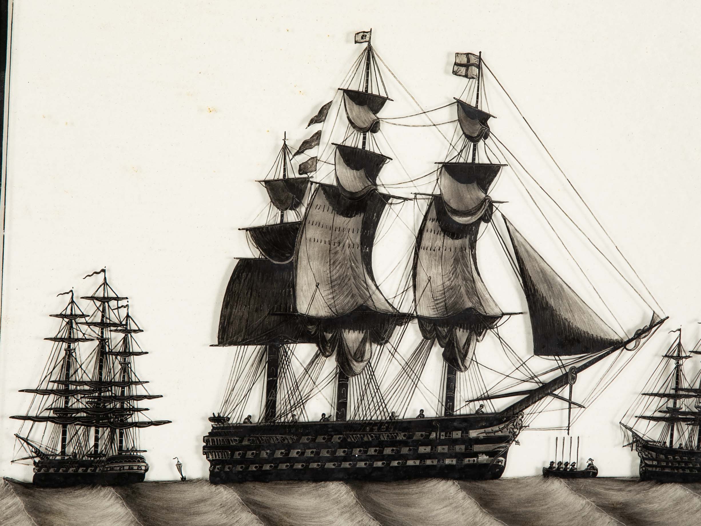 Pair of 19th Century British Eglomise Portraits of 2 Royal Navy Ships : HMS Foudroyant & HMS Royal Albert