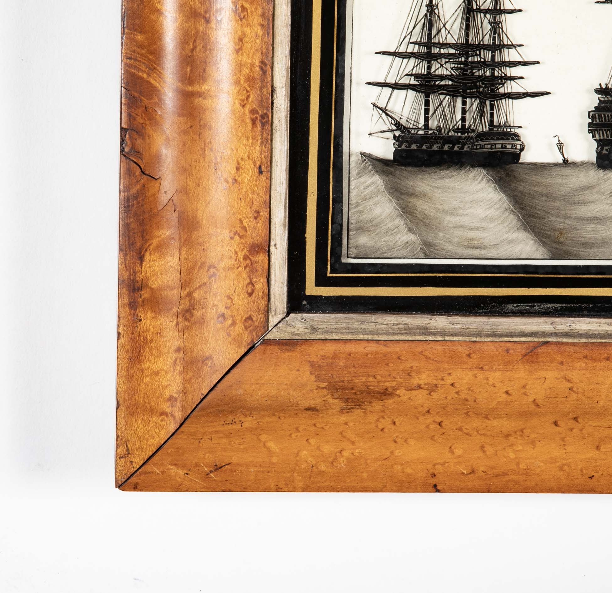 Pair of 19th Century British Eglomise Portraits of 2 Royal Navy Ships : HMS Foudroyant & HMS Royal Albert