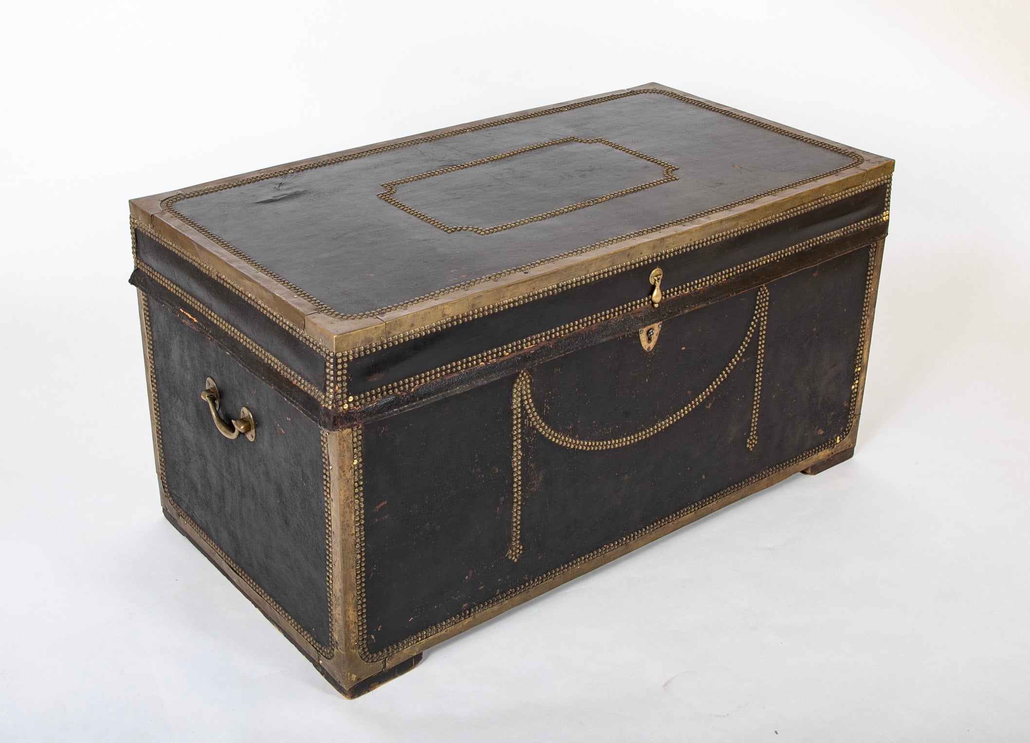 Large Chinese Export Camphorwood Leather Trunk with Nail Head Design