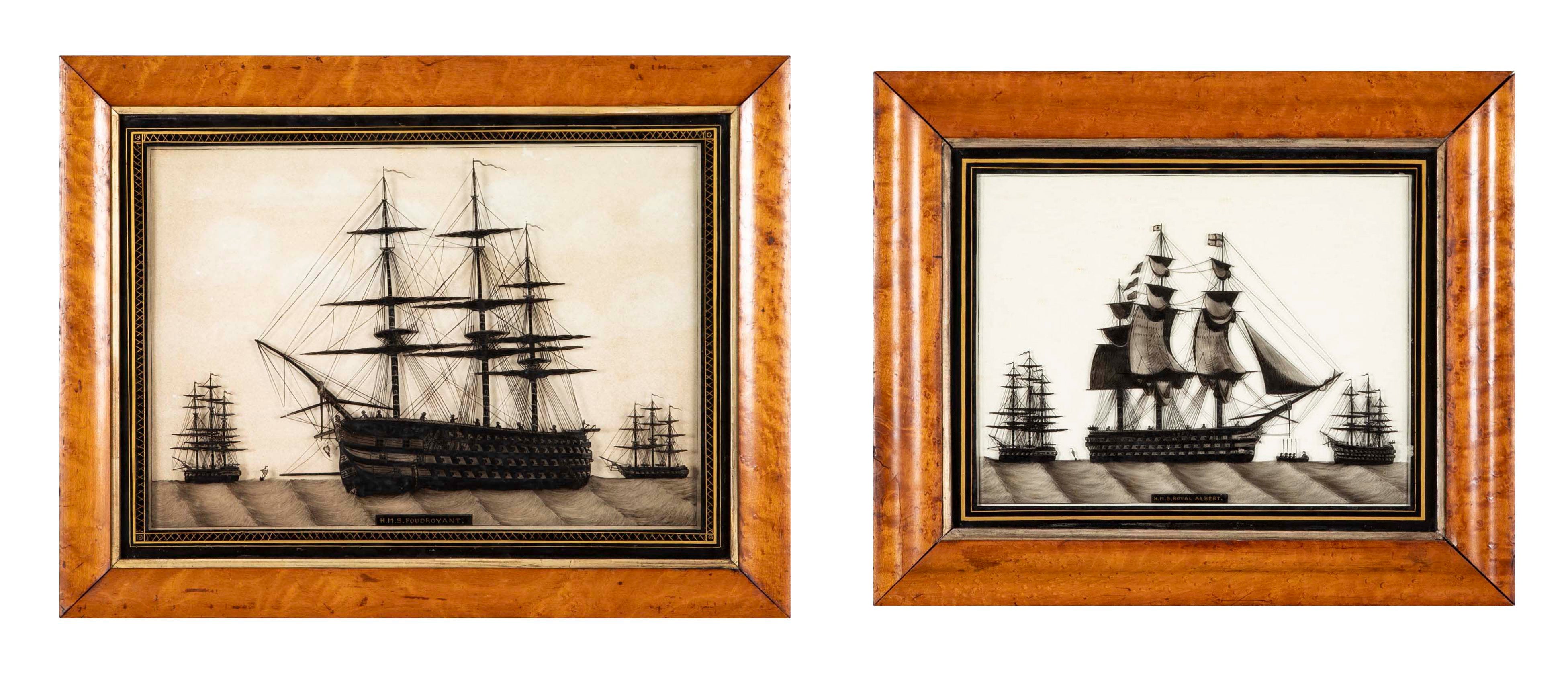 Pair of 19th Century British Eglomise Portraits of 2 Royal Navy Ships : HMS Foudroyant & HMS Royal Albert