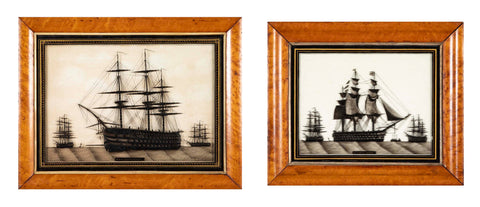 Pair of 19th Century British Eglomise Portraits of 2 Royal Navy Ships : HMS Foudroyant & HMS Royal Albert