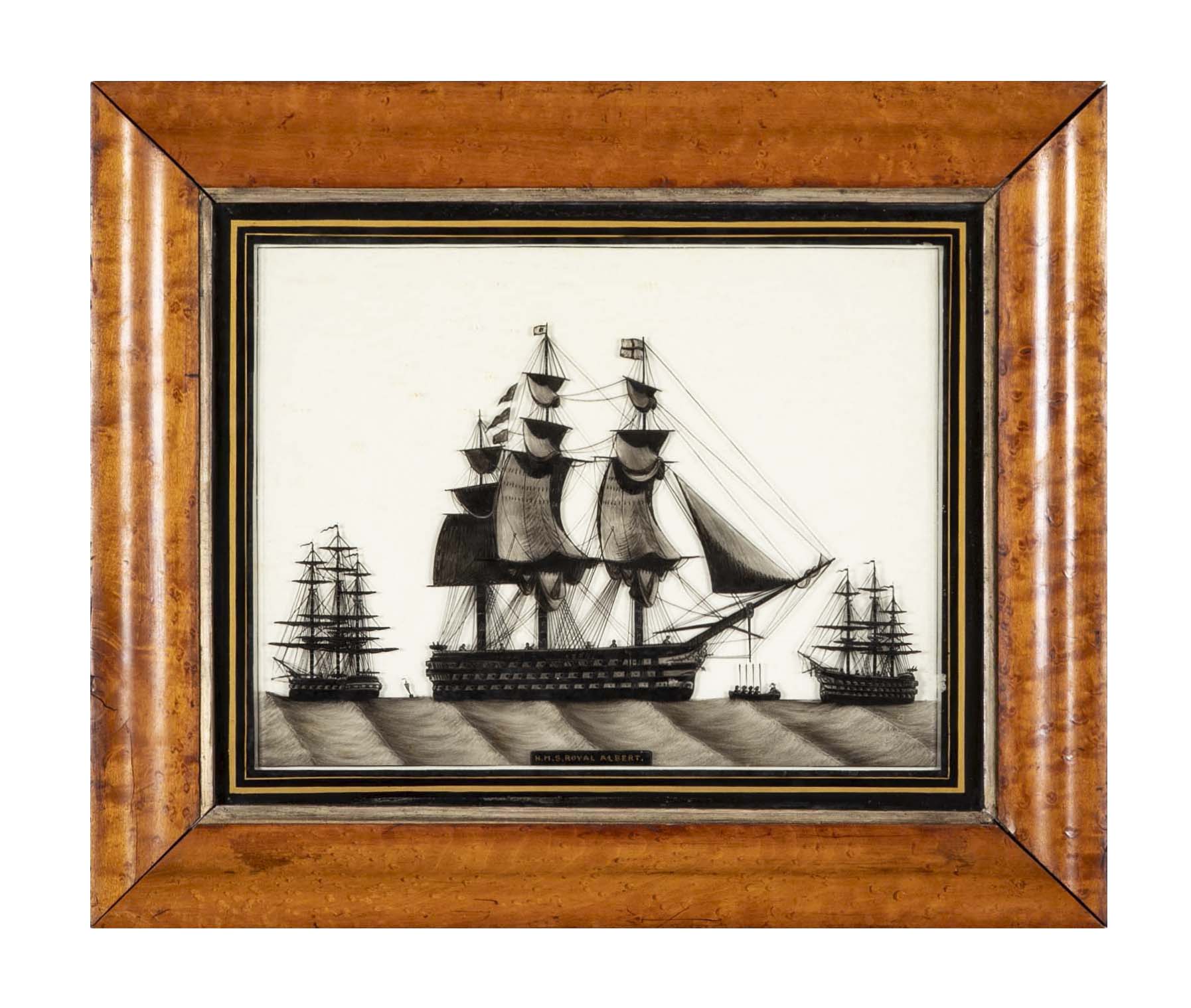 Pair of 19th Century British Eglomise Portraits of 2 Royal Navy Ships : HMS Foudroyant & HMS Royal Albert
