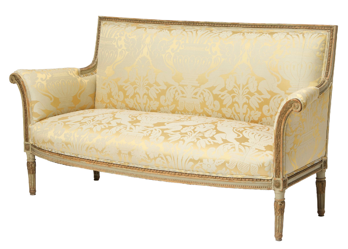Louis XVI Upholstered Painted and Parcel Giltwood Settee