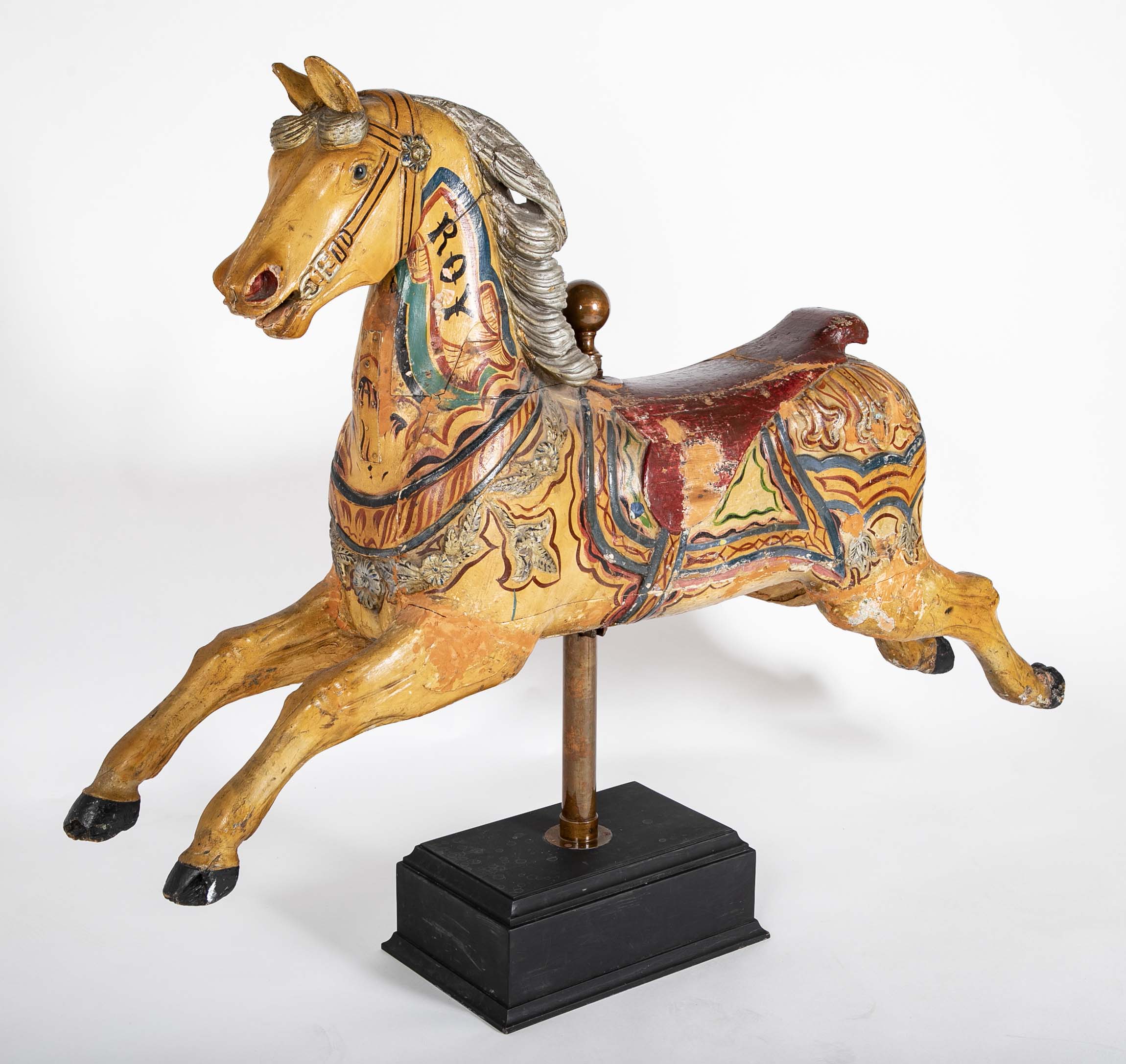 American Carved & Polychrome Wood Carousel Horse-“Roy” County Fair Style Circa 1890-1915 mounted on display stand.