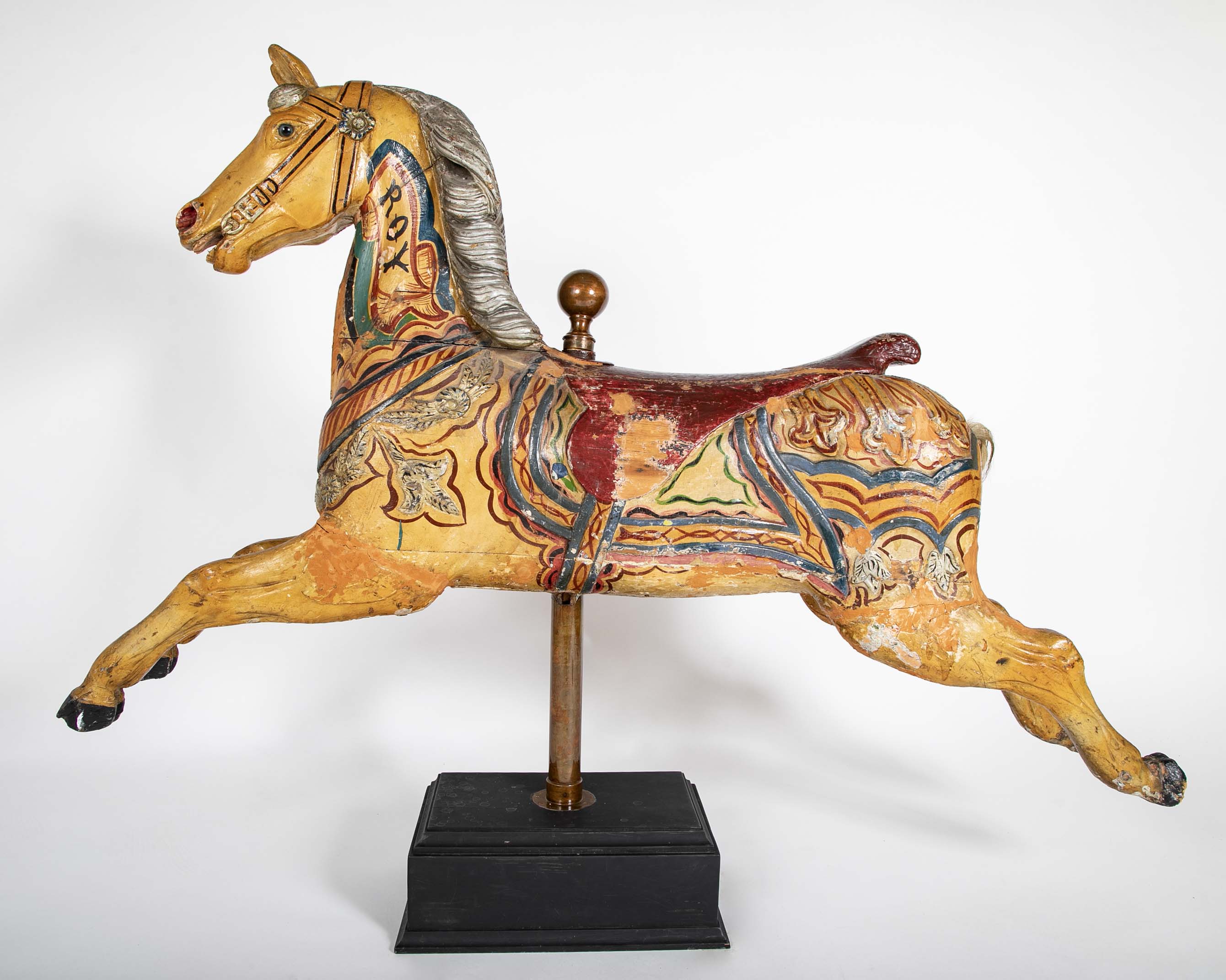 American Carved & Polychrome Wood Carousel Horse-“Roy” County Fair Style Circa 1890-1915 mounted on display stand.