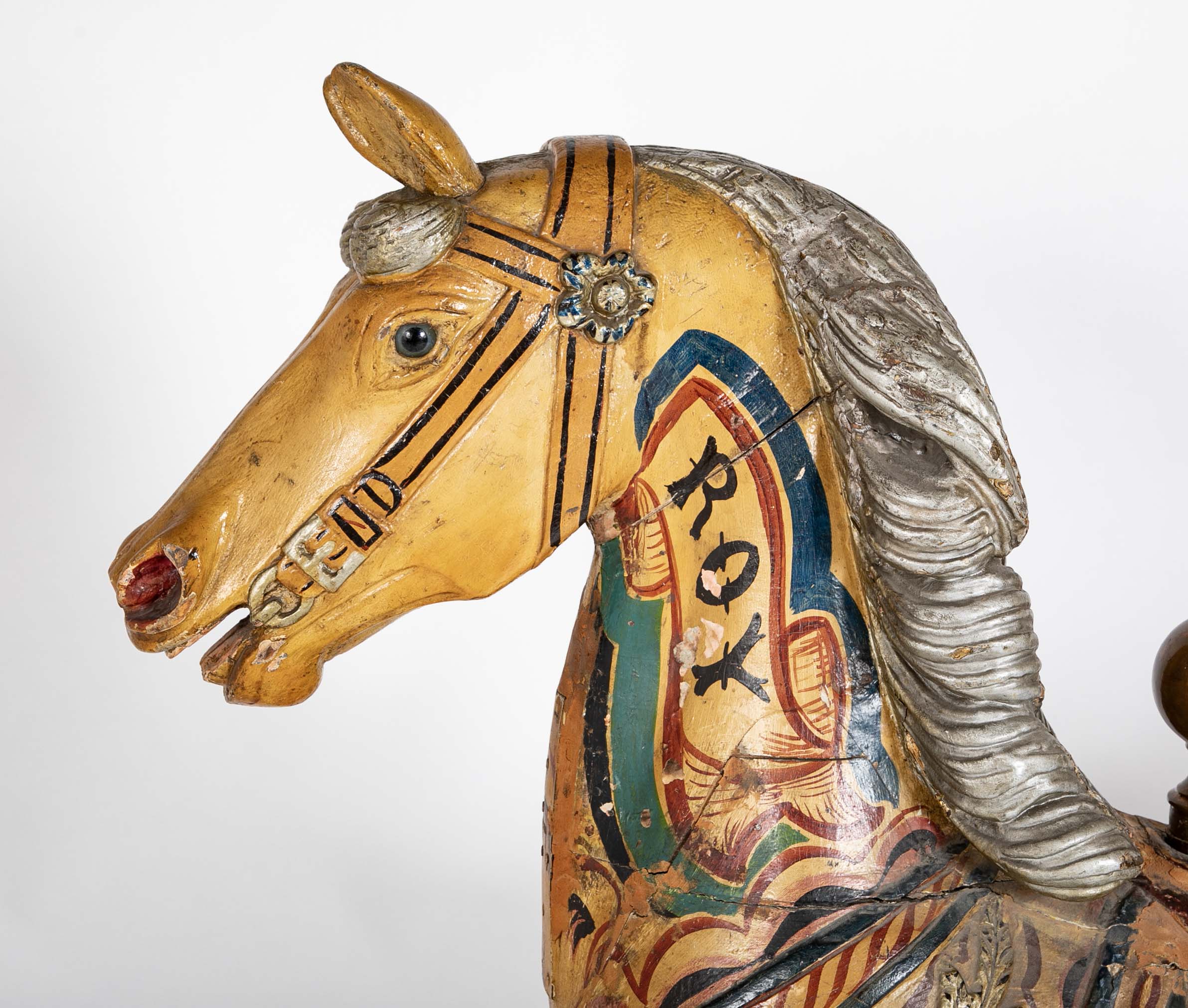 American Carved & Polychrome Wood Carousel Horse-“Roy” County Fair Style Circa 1890-1915 mounted on display stand.
