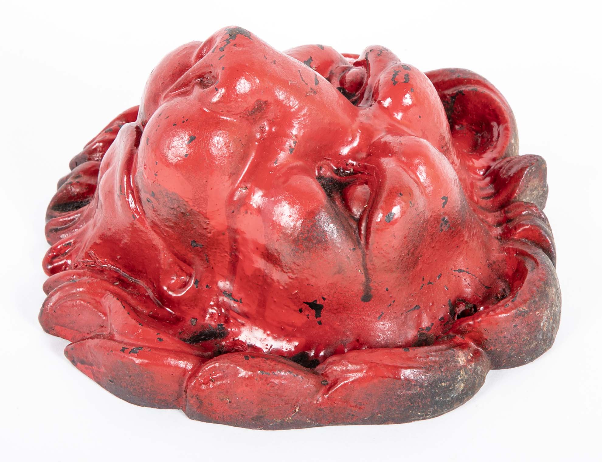 Pair of Red Painted Cast Iron Lion Head Wall Mounts