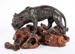 Japanese Bronze Tiger Sculpture on Wooden Wabi Sabi Base