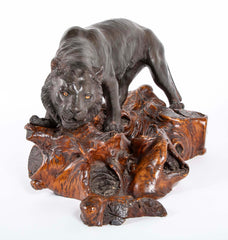 Japanese Bronze Tiger Sculpture on Wooden Wabi Sabi Base