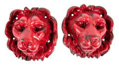 Pair of Red Painted Cast Iron Lion Head Wall Mounts