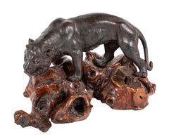 Japanese Bronze Tiger Sculpture on Wooden Wabi Sabi Base