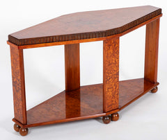 Art Deco "Diamond" Shape Burl Walnut Table with Undershelf