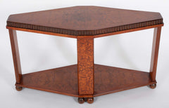 Art Deco "Diamond" Shape Burl Walnut Table with Undershelf