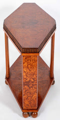 Art Deco "Diamond" Shape Burl Walnut Table with Undershelf