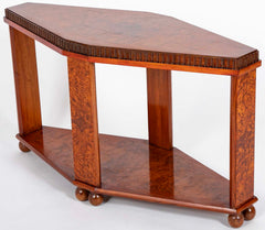 Art Deco "Diamond" Shape Burl Walnut Table with Undershelf