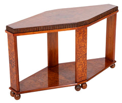 Art Deco "Diamond" Shape Burl Walnut Table with Undershelf