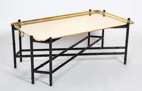 Brass Molded and Curved Edge Tray Table on Ebonized Faux Bamboo Stand