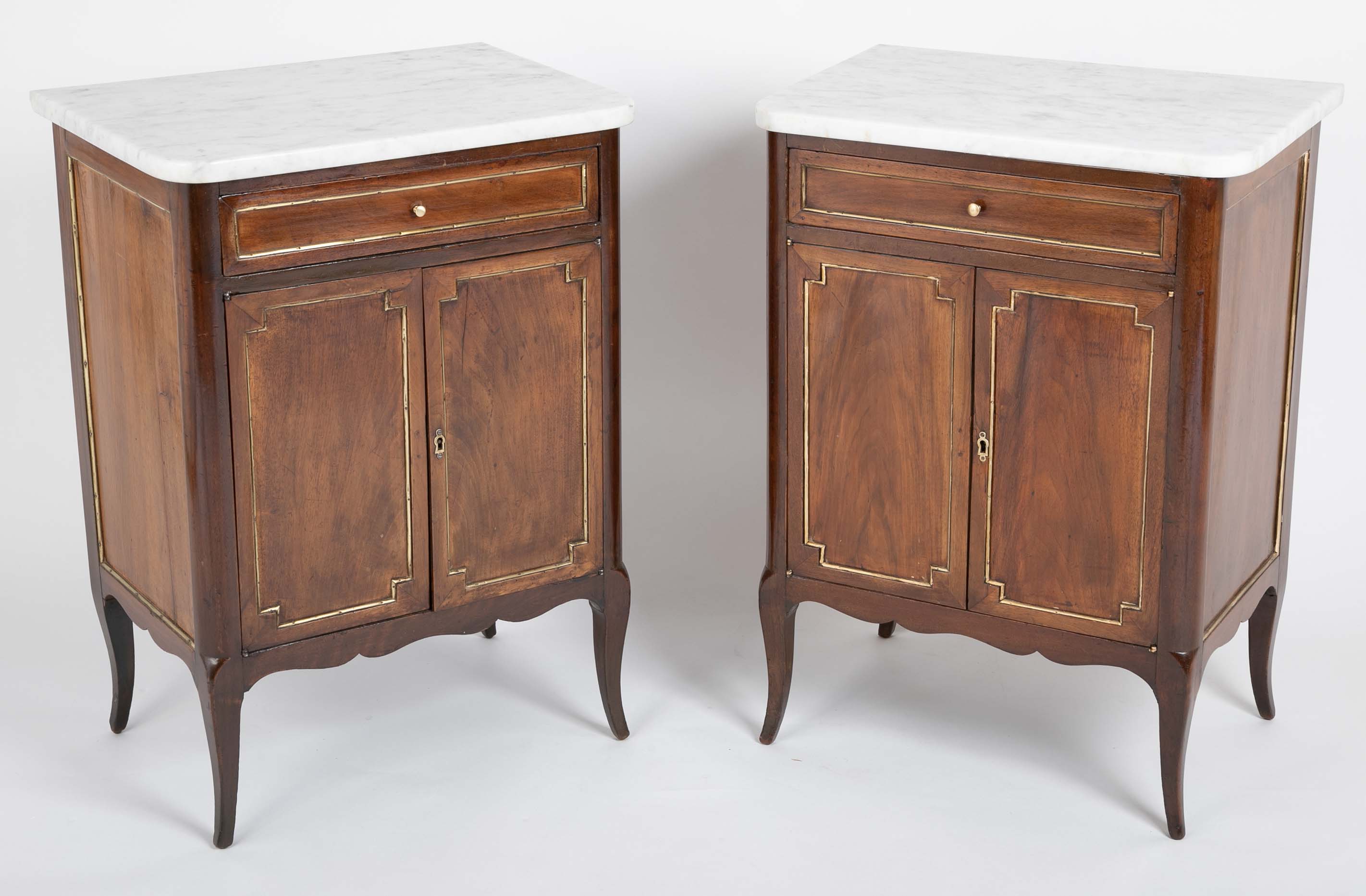 Pair of French Marble Top Two Door Cabinets