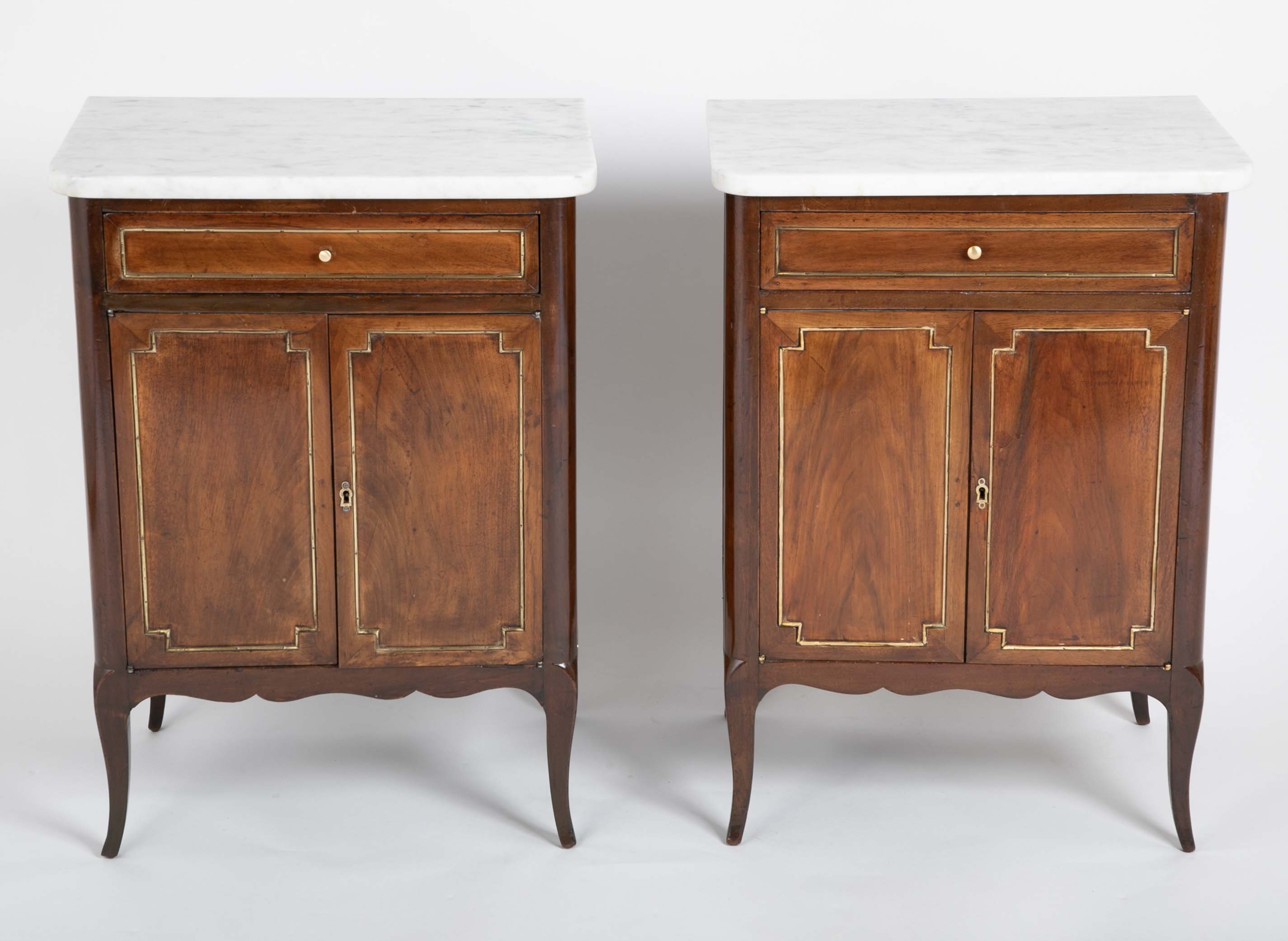 Pair of French Marble Top Two Door Cabinets