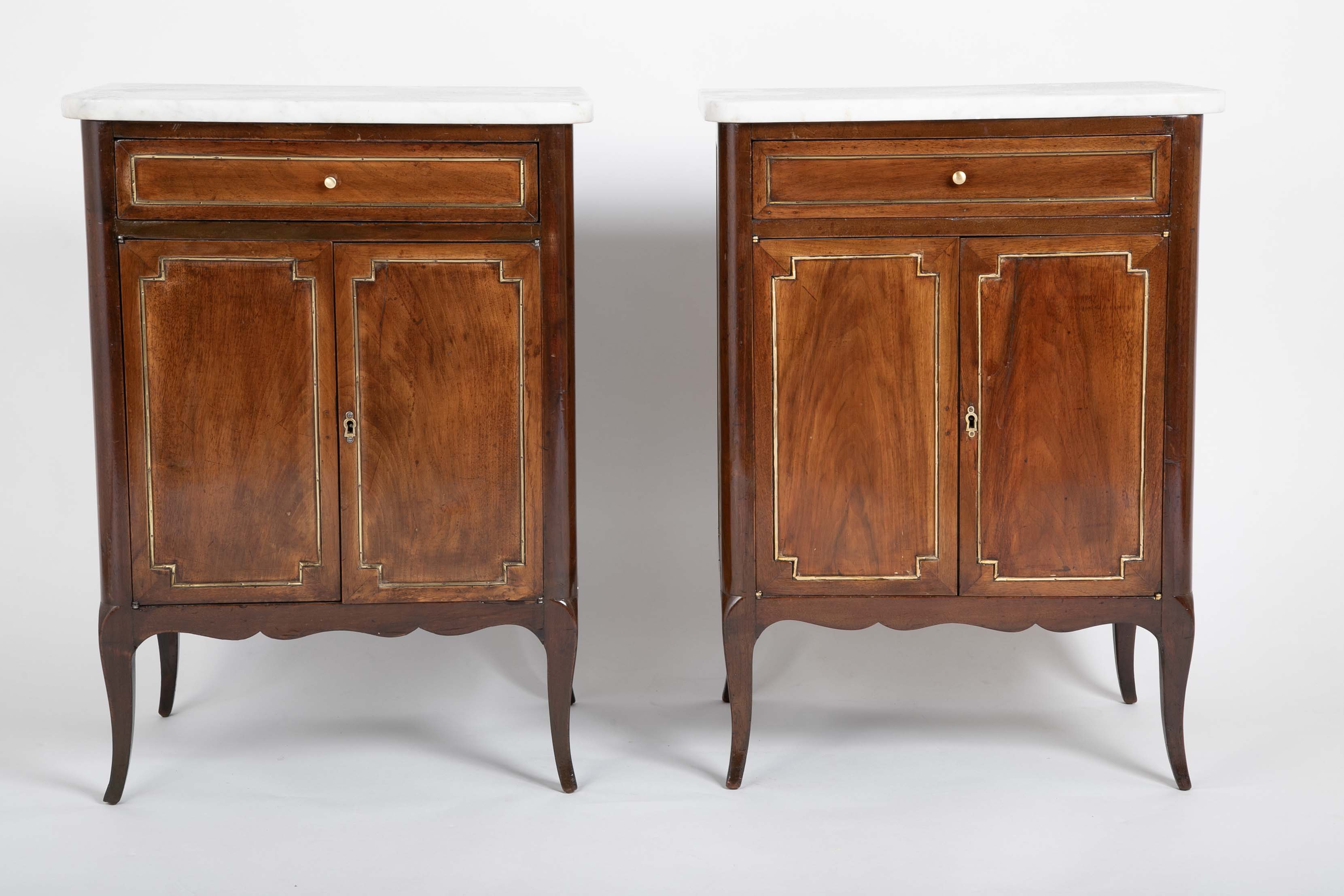 Pair of French Marble Top Two Door Cabinets