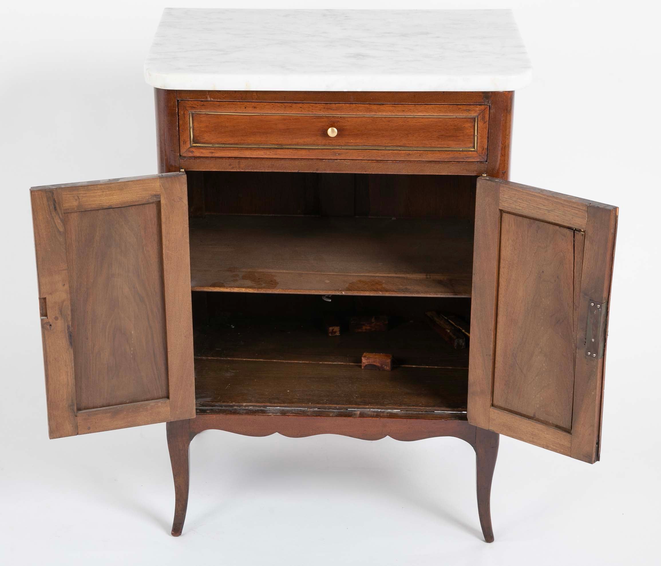 Pair of French Marble Top Two Door Cabinets