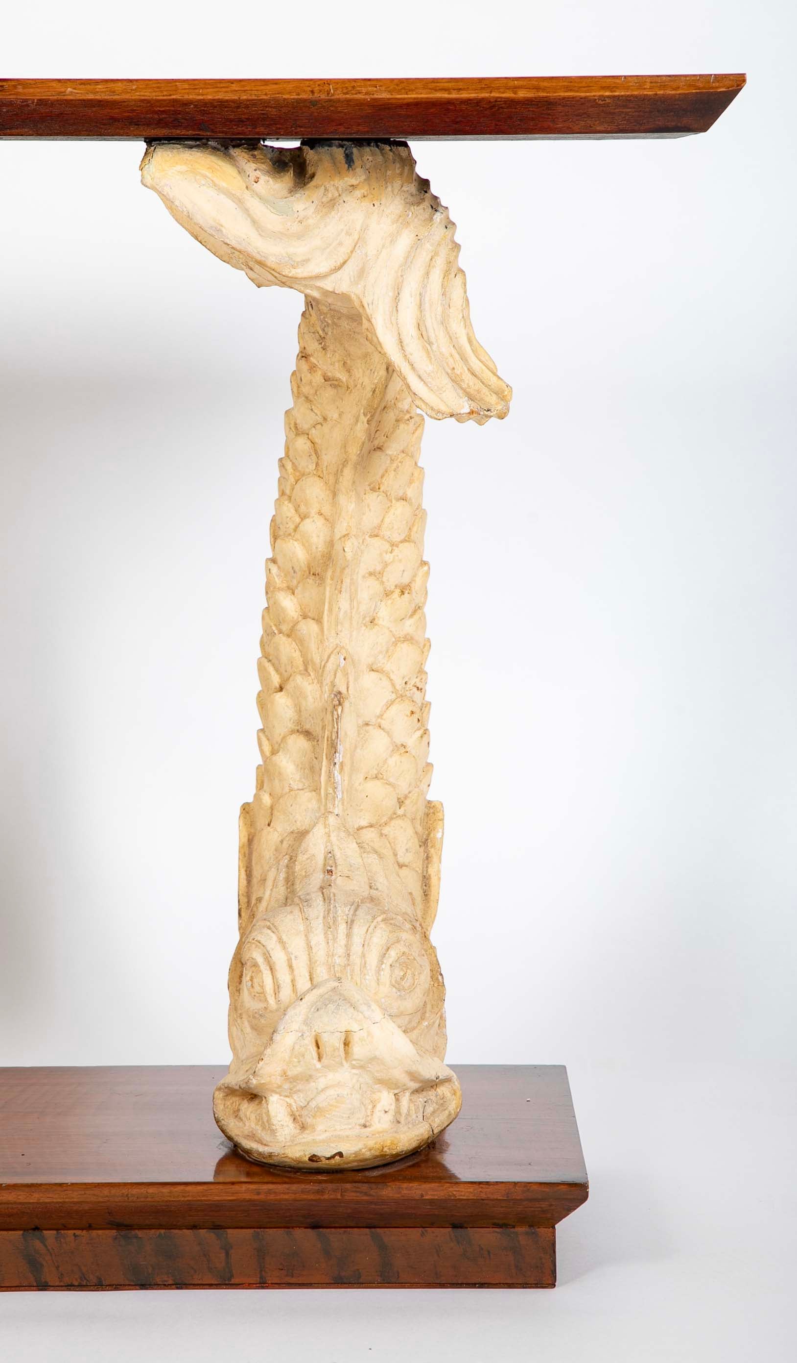 Art Deco “Dolphin” Support Console Table with Figured Walnut Top and Base