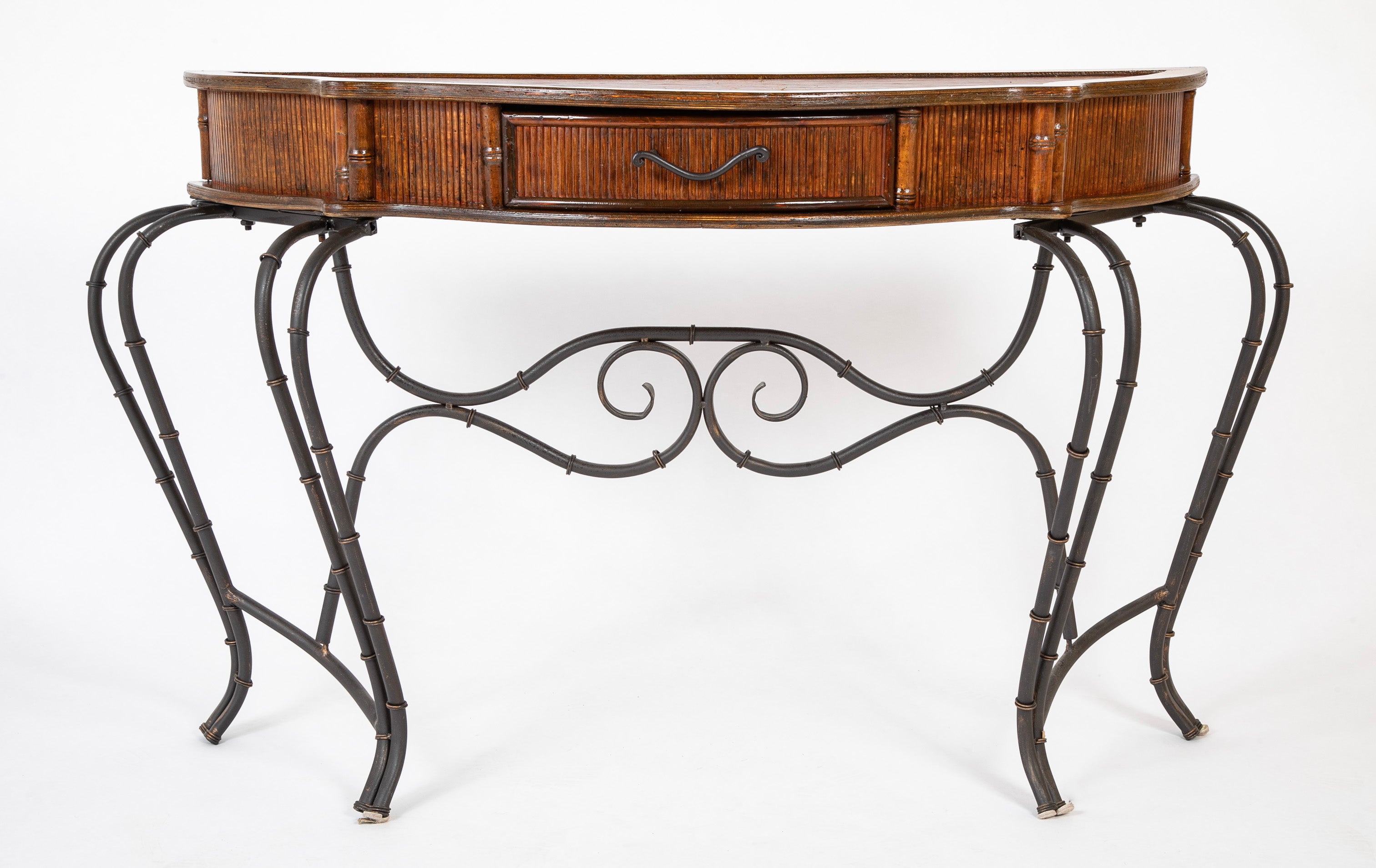 Pair of Bamboo and Fruitwood Serpentine Console Tables