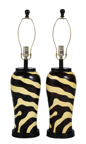 Pair of Mid-Century Zebra Decorated Lamps with Matching Finials