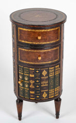 Cylinder Form Leather Faced Side Table with Faux Book Bindings on Drawers and Doors