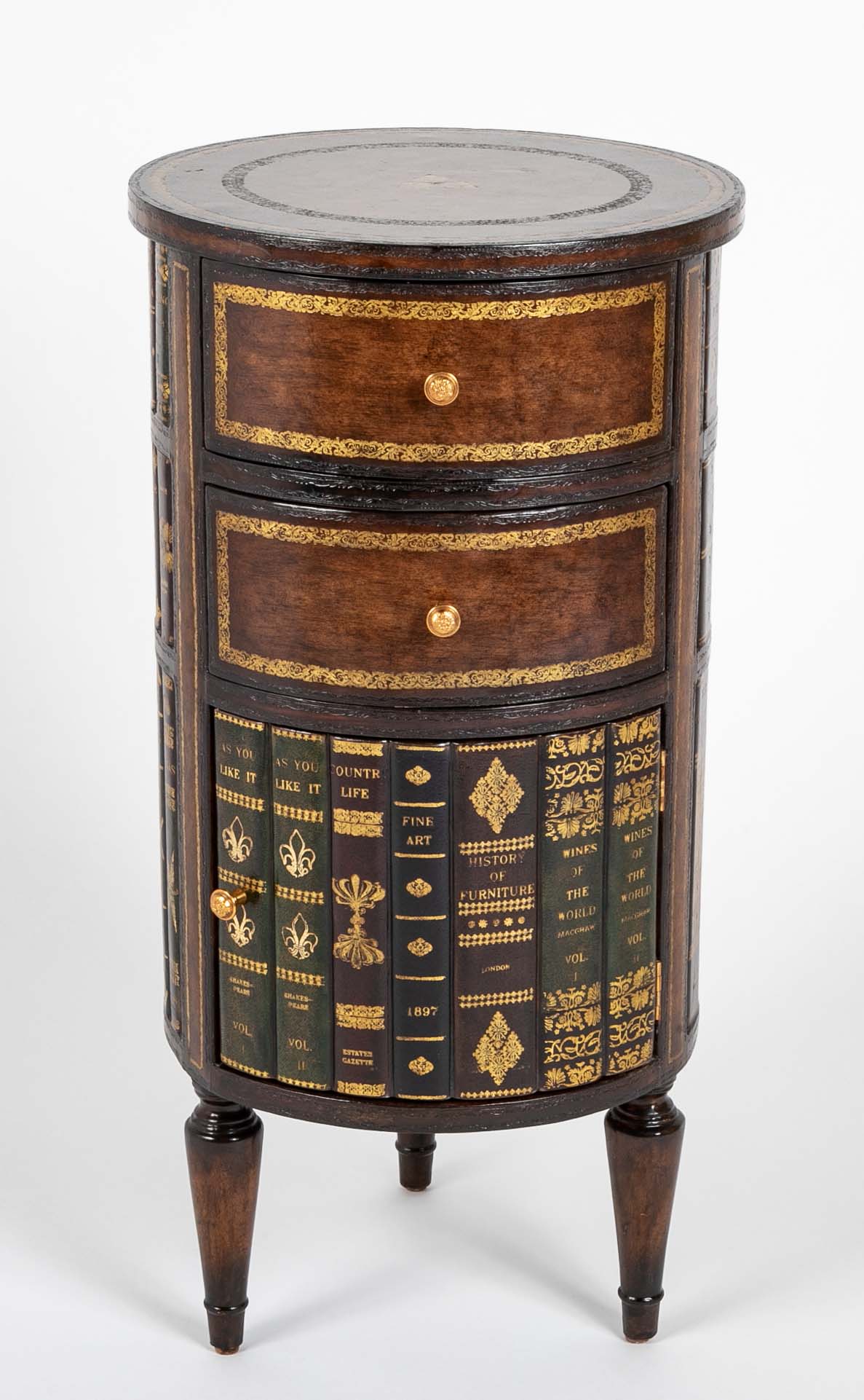 Cylinder Form Leather Faced Side Table with Faux Book Bindings on Drawers and Doors