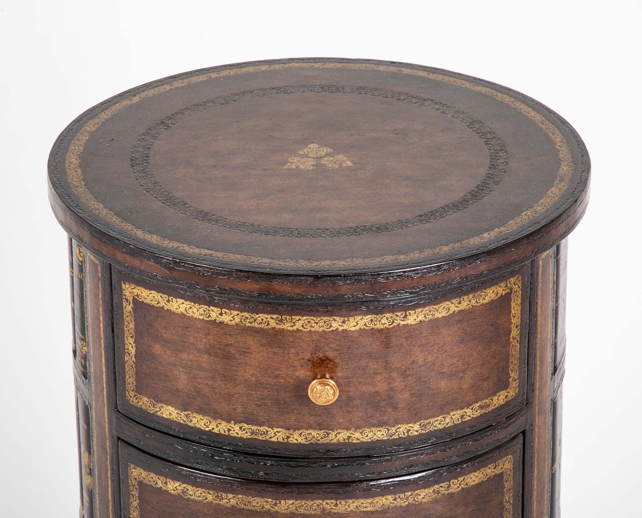 Cylinder Form Leather Faced Side Table with Faux Book Bindings on Drawers and Doors