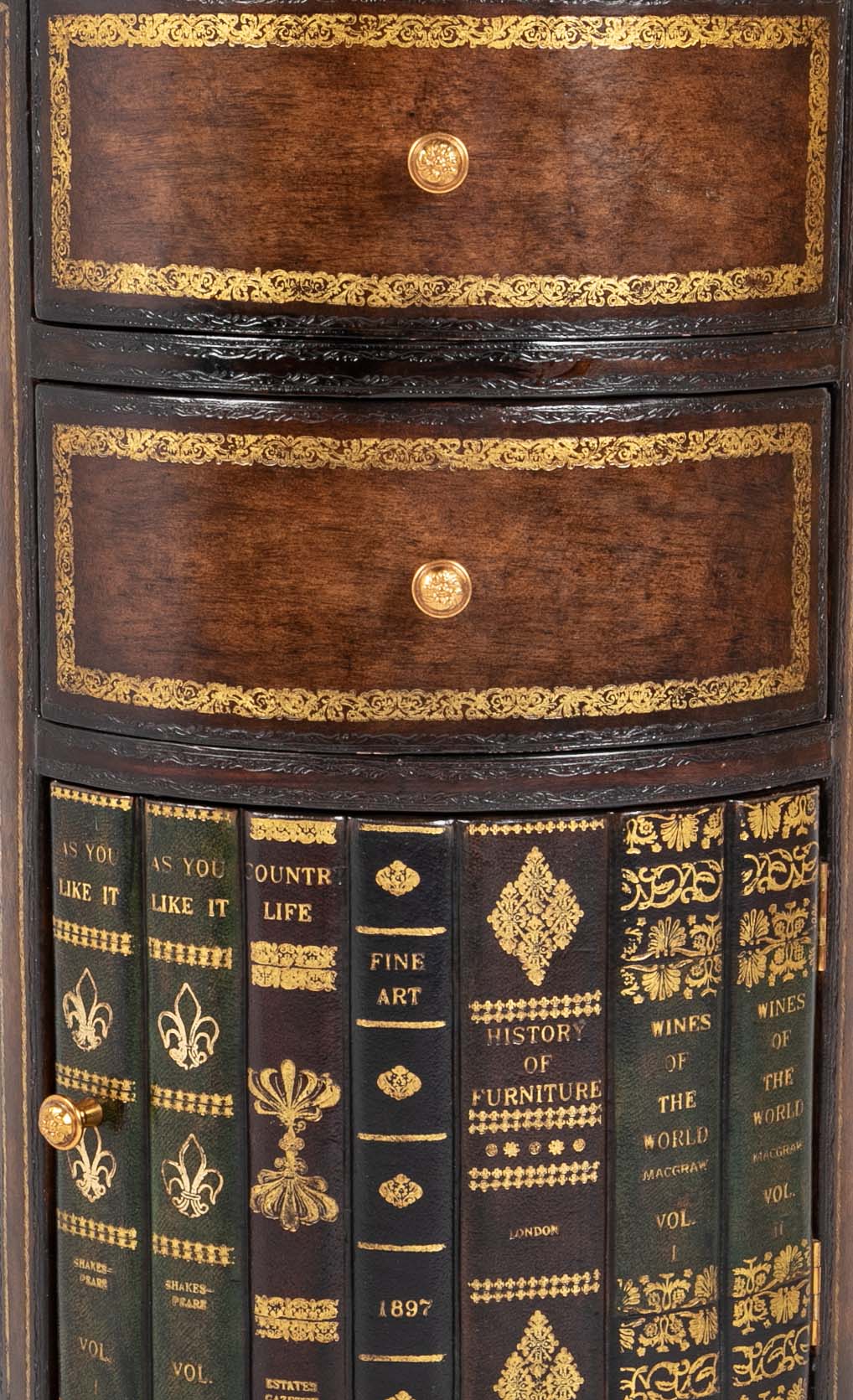 Cylinder Form Leather Faced Side Table with Faux Book Bindings on Drawers and Doors